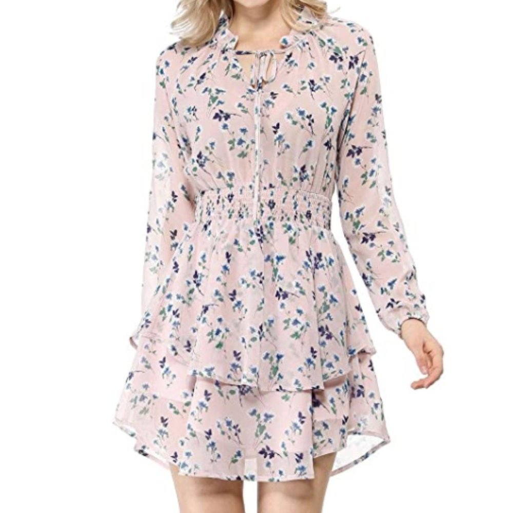 Floral Long Sleeve Layered Chiffon Dress